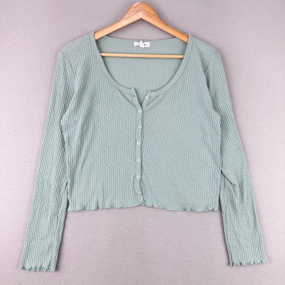 Stitch‎ & Pine Cardigan Shirt Womens L Mint Green Cotton Button front Pointelle